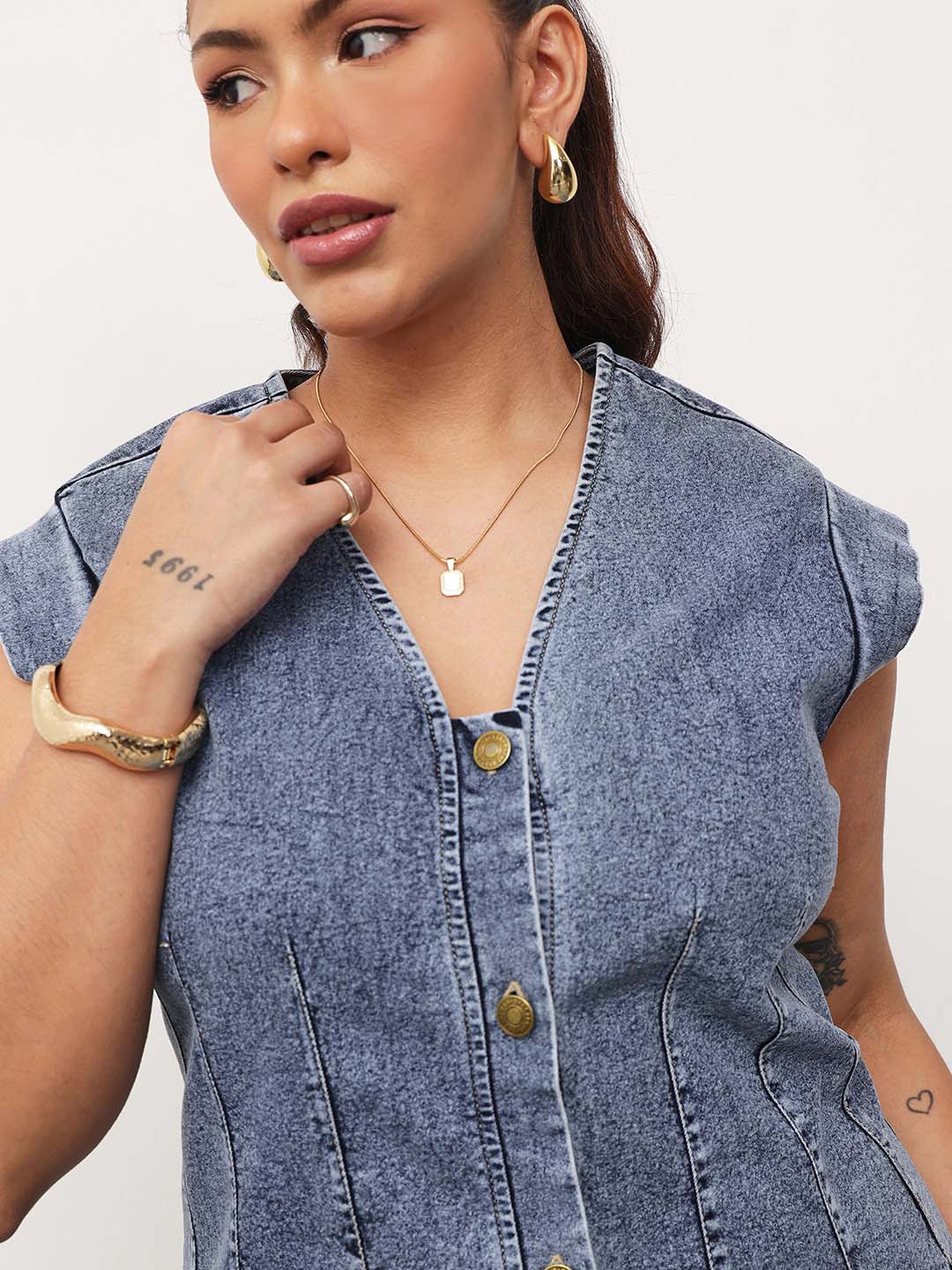 Blue Blast Denim Button Down Top With Mom Fit Jeans