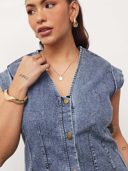 Blue Blast Denim Button Down Top With Mom Fit Jeans