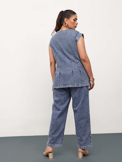 Blue Blast Denim Button Down Top With Mom Fit Jeans