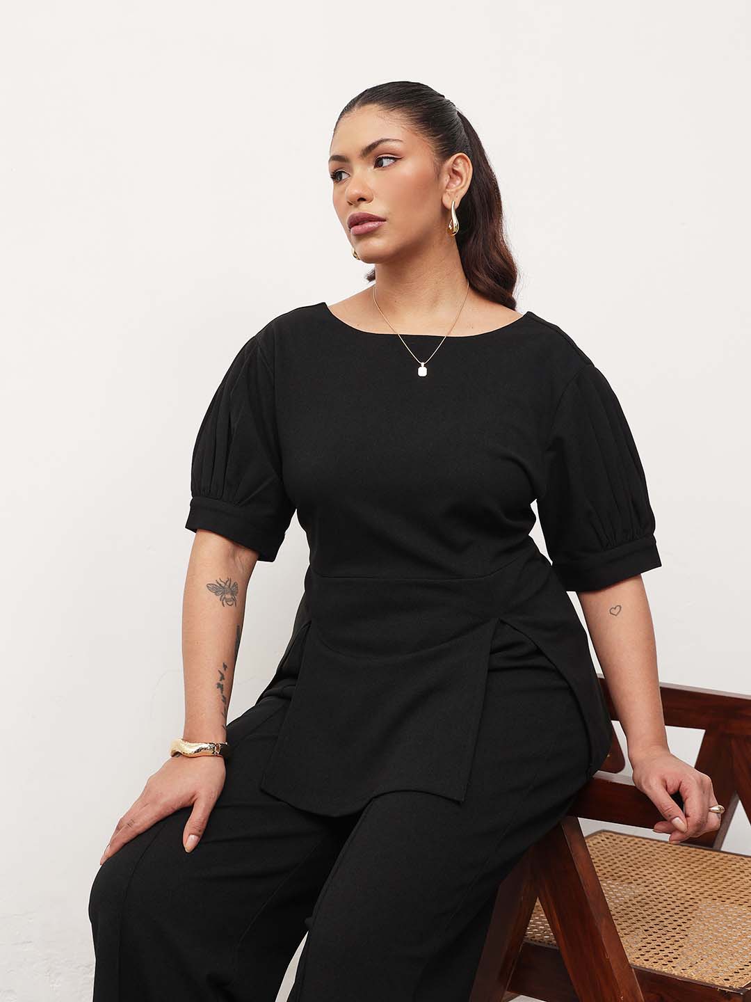 Black Round Neck Top With Straight Pants