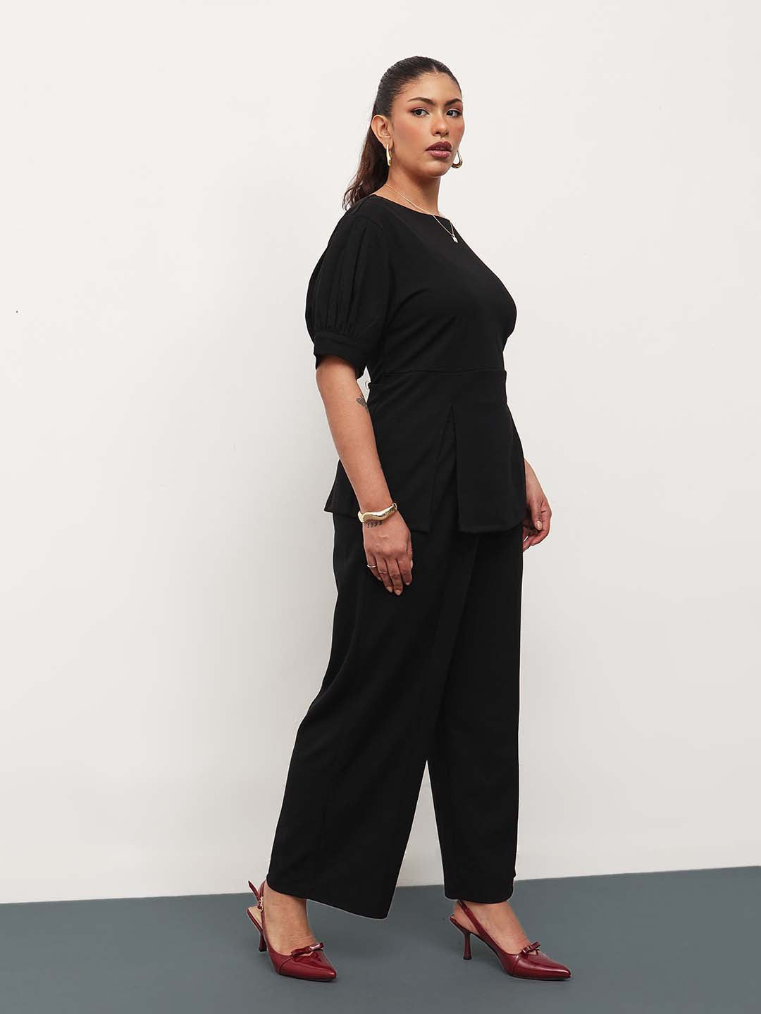 Black Round Neck Top With Straight Pants