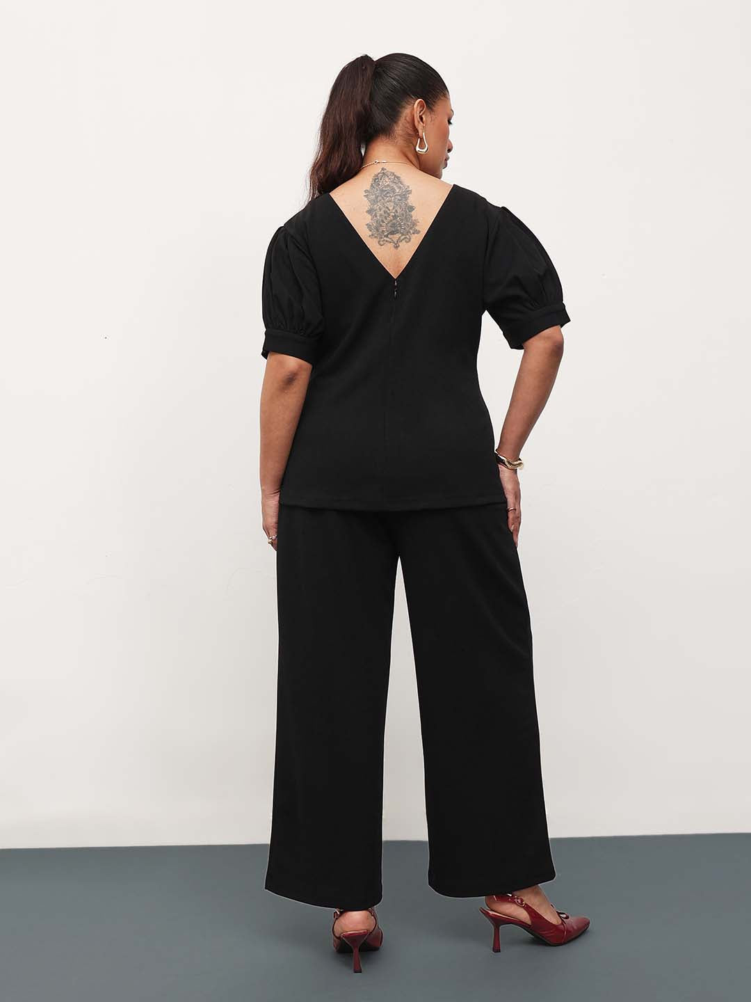 Black Round Neck Top With Straight Pants
