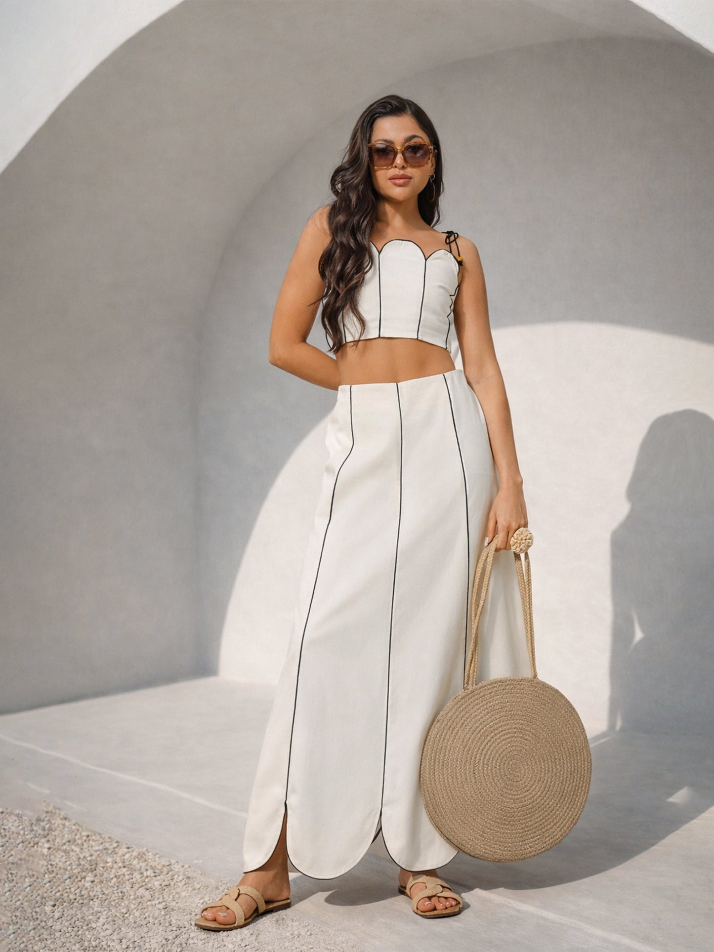 White Twill Strappy Crop Top With Scalloped Skirt