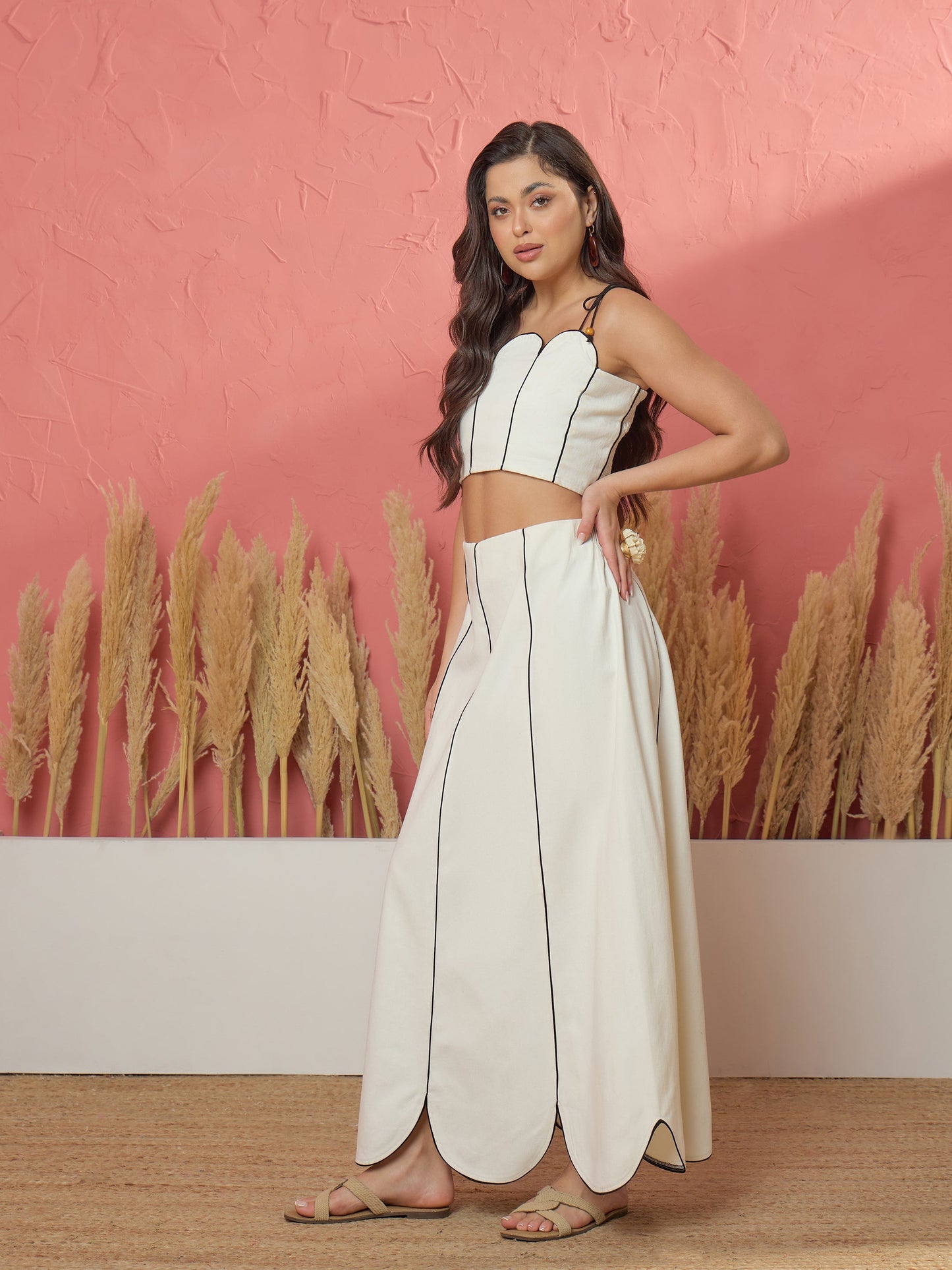White Twill Strappy Crop Top With Scalloped Skirt