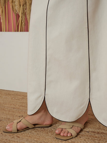 White Twill Strappy Crop Top With Scalloped Skirt