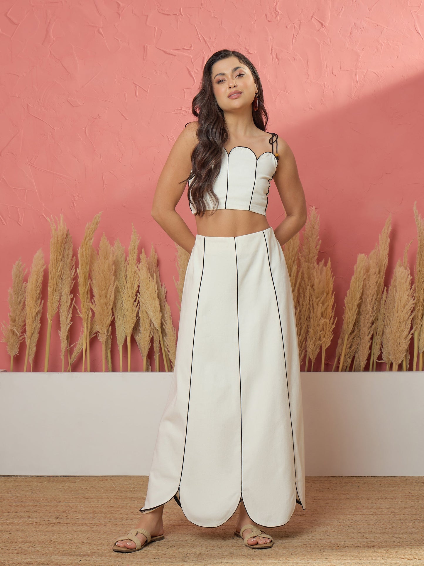 White Twill Strappy Crop Top With Scalloped Skirt