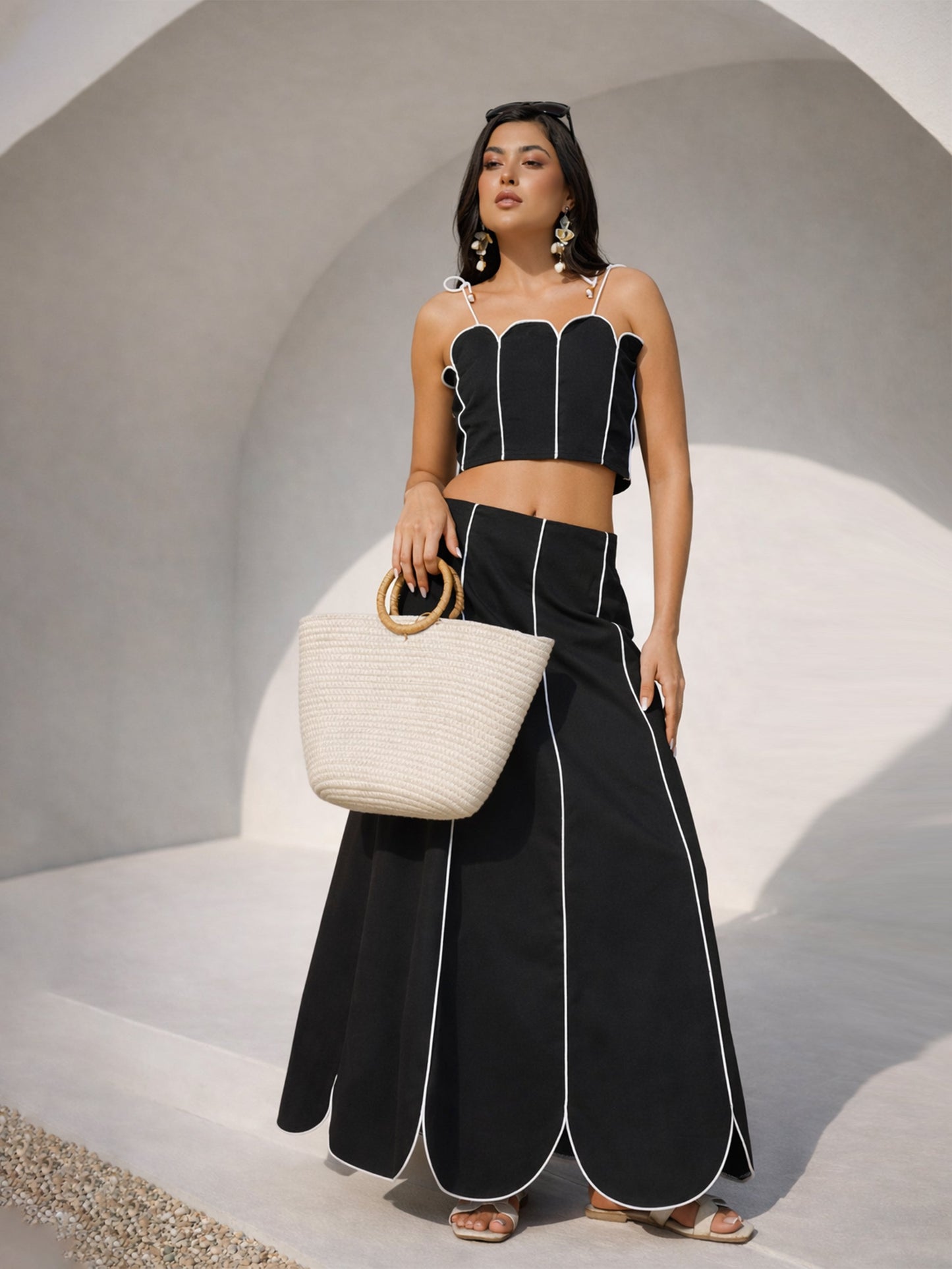 Black Twill Strappy Crop Top With Scalloped Skirt
