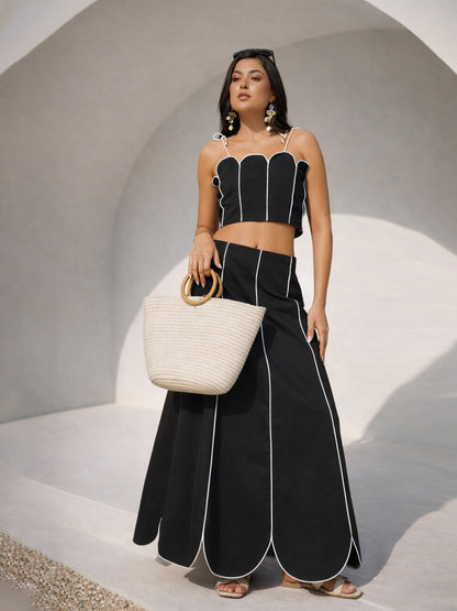 Black Twill Strappy Crop Top With Scalloped Skirt