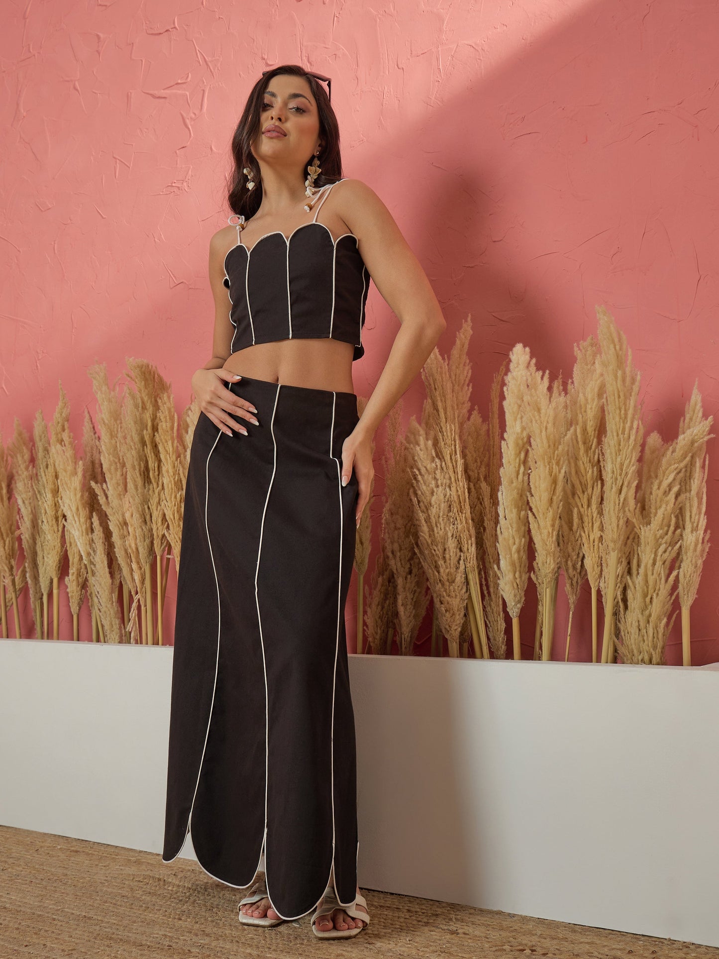 Black Twill Strappy Crop Top With Scalloped Skirt