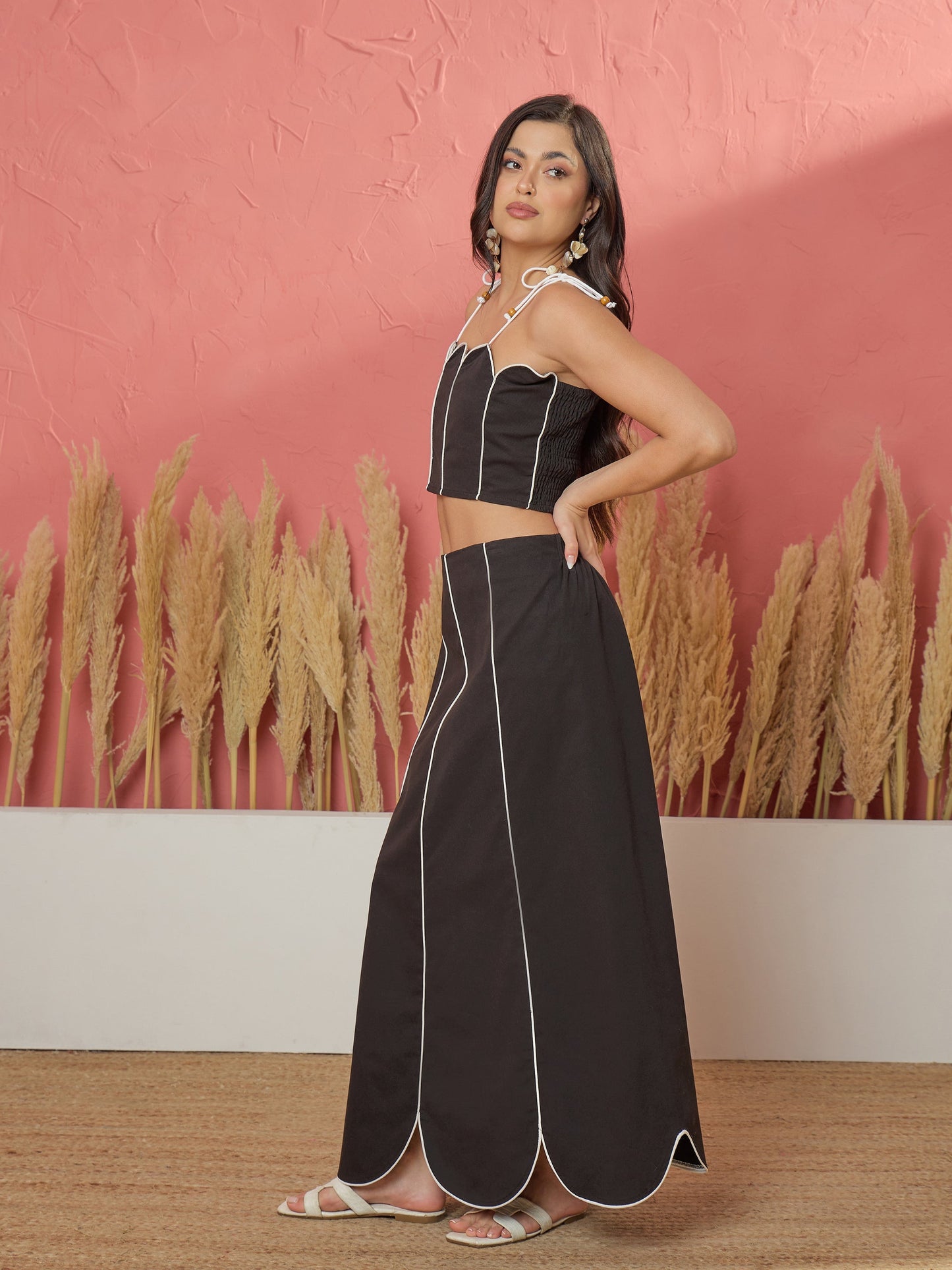 Black Twill Strappy Crop Top With Scalloped Skirt