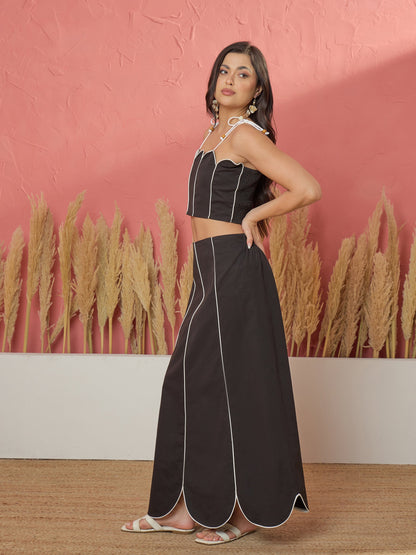Black Twill Strappy Crop Top With Scalloped Skirt