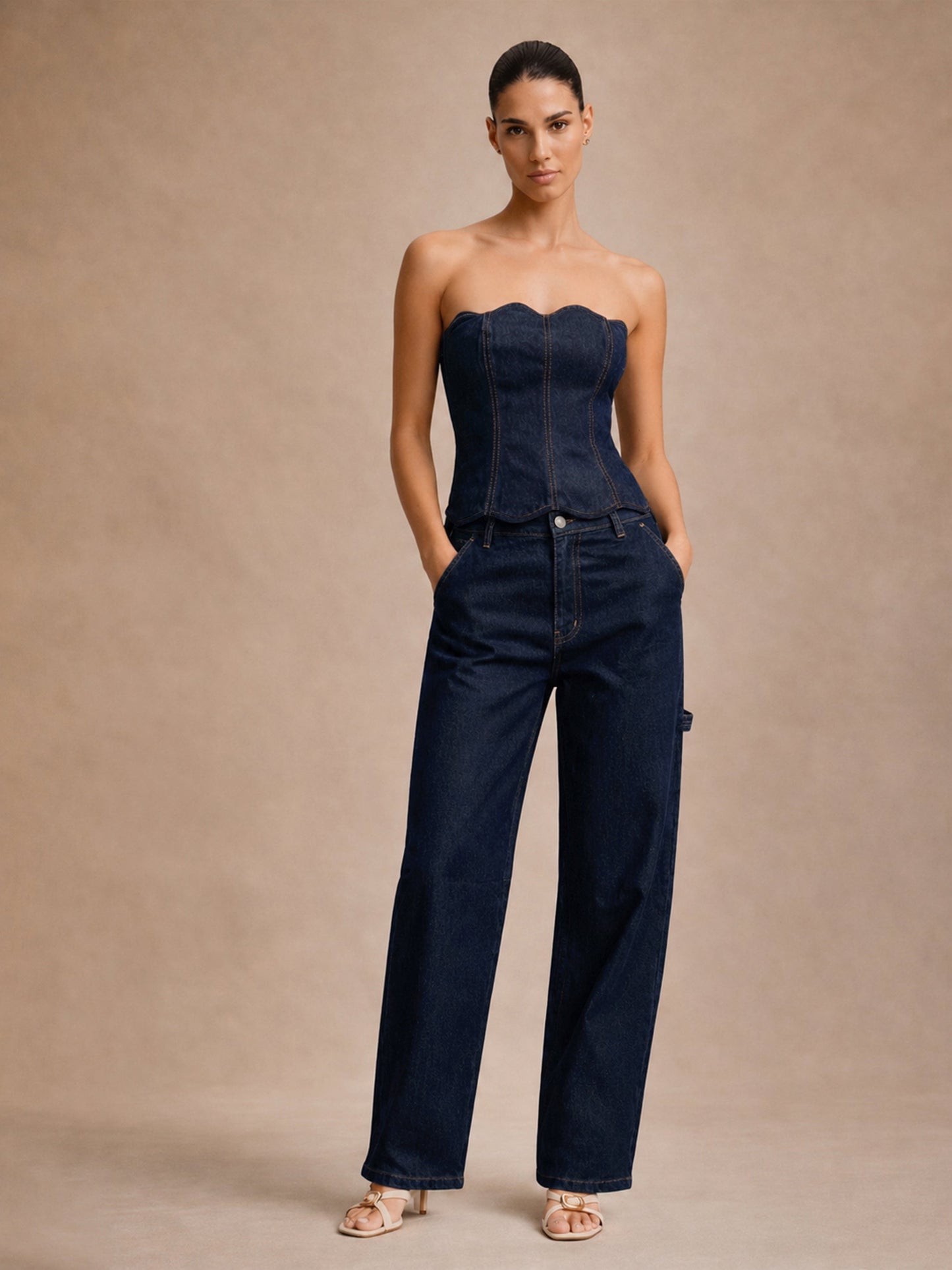 Blue Denim Tube Top With Mom Fit Jeans