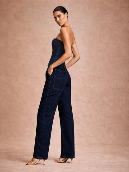 Blue Denim Tube Top With Mom Fit Jeans