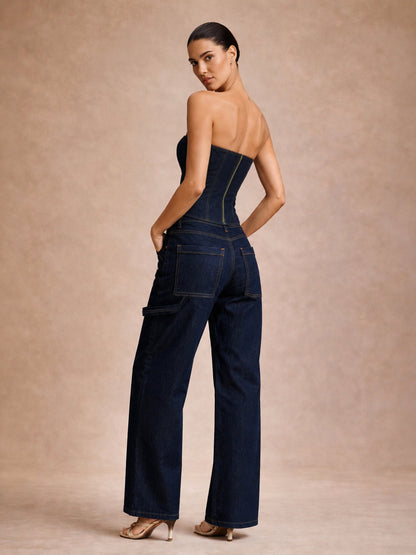 Blue Denim Tube Top With Mom Fit Jeans