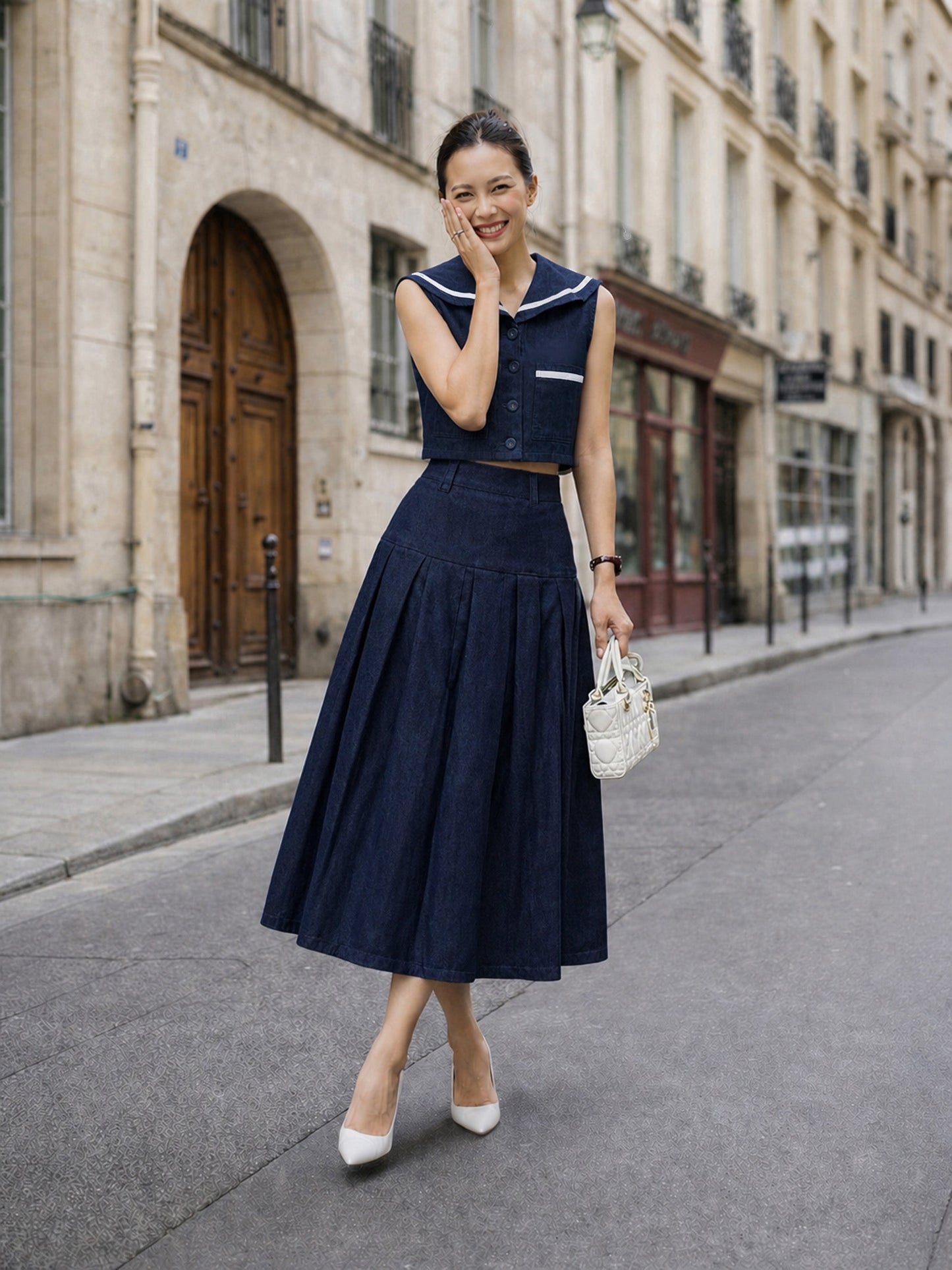 Navy Denim Peter Pan Top With Flared Skirt