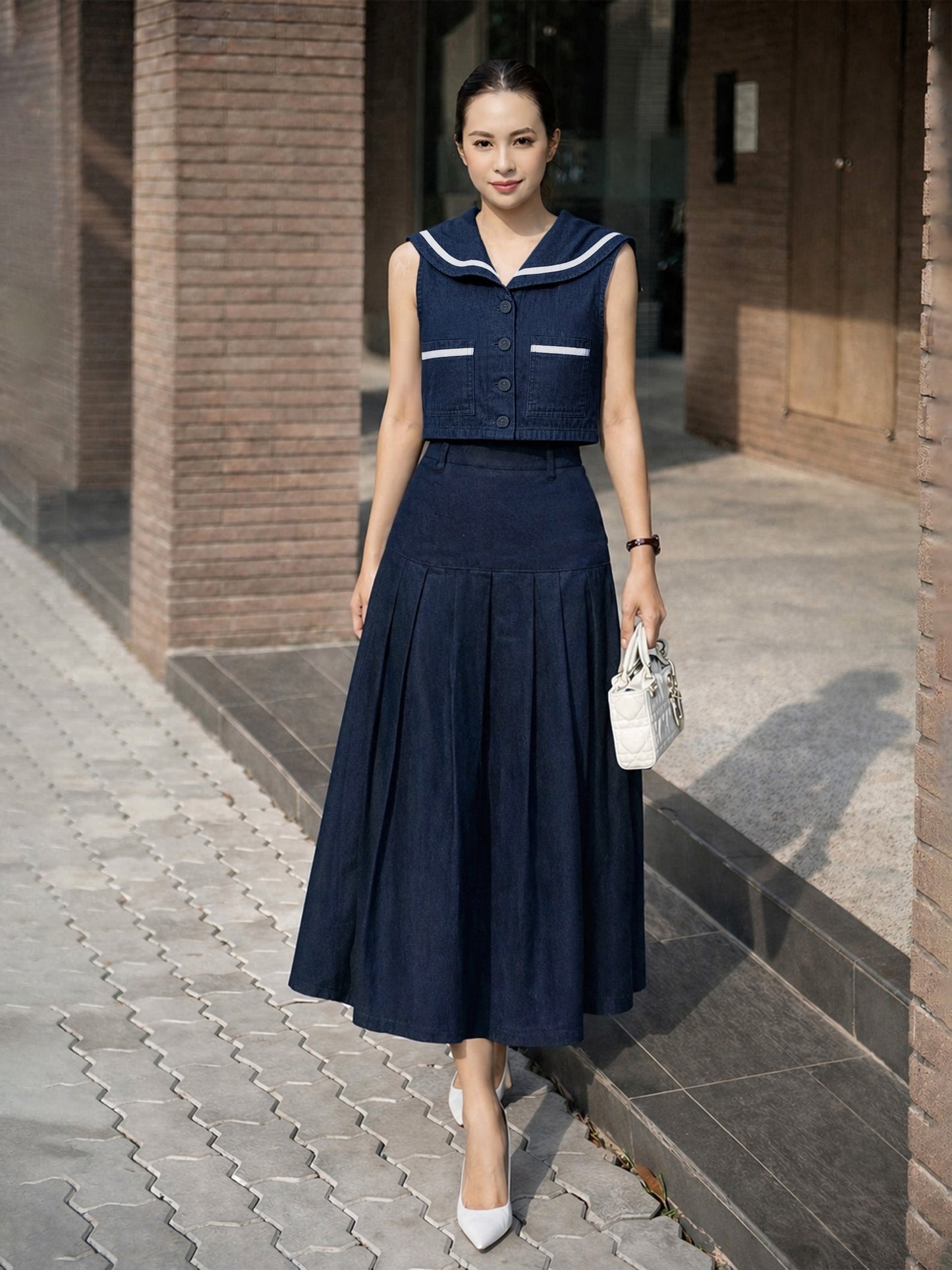 Navy Denim Peter Pan Top With Flared Skirt
