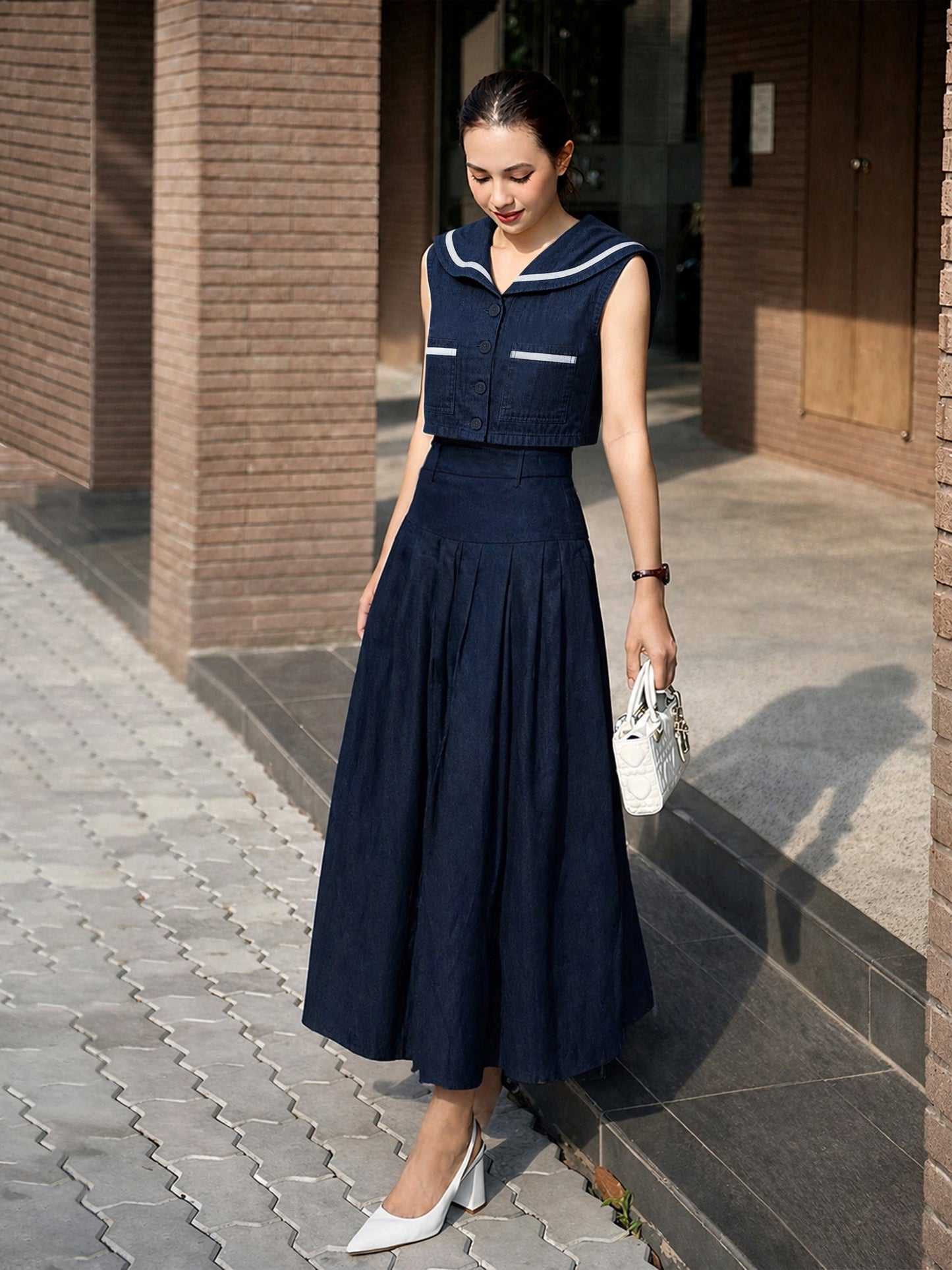 Navy Denim Peter Pan Top With Flared Skirt