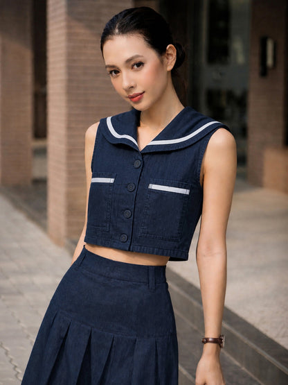Navy Denim Peter Pan Top With Flared Skirt