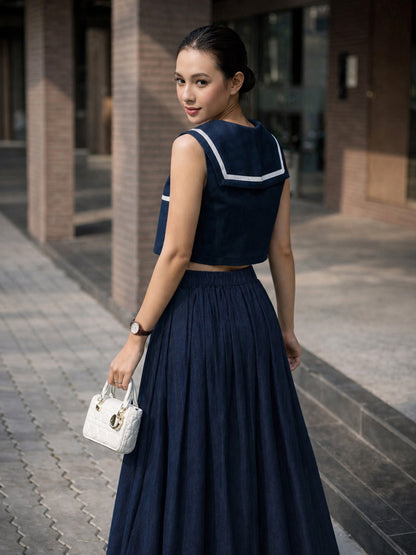 Navy Denim Peter Pan Top With Flared Skirt