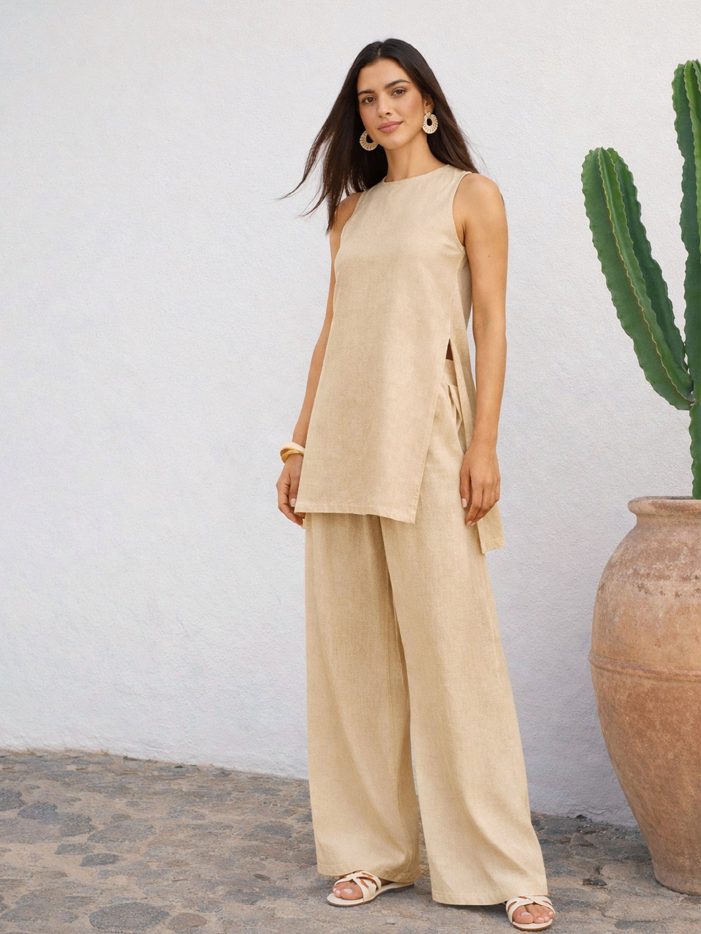 Beige Long Line Top With Straight Wide Leg Pants