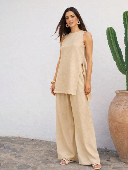 Beige Long Line Top With Straight Wide Leg Pants