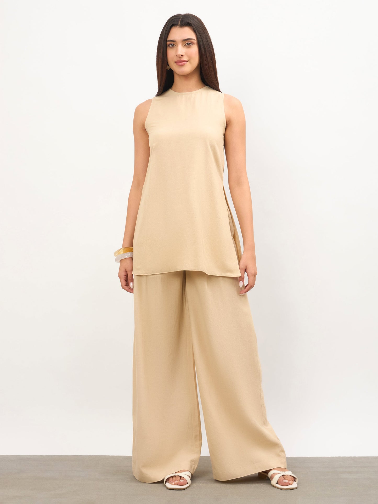 Beige Long Line Top With Straight Wide Leg Pants
