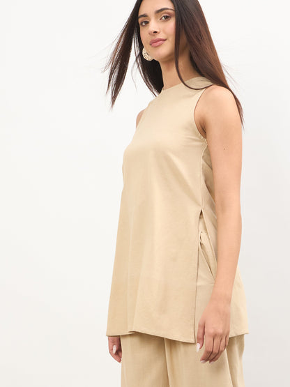 Beige Long Line Top With Straight Wide Leg Pants