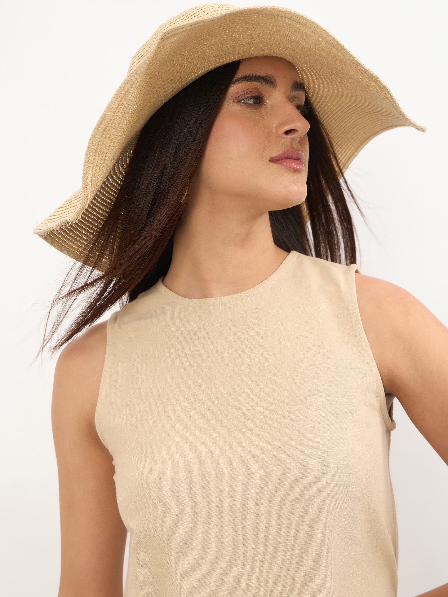 Beige Long Line Top With Straight Wide Leg Pants