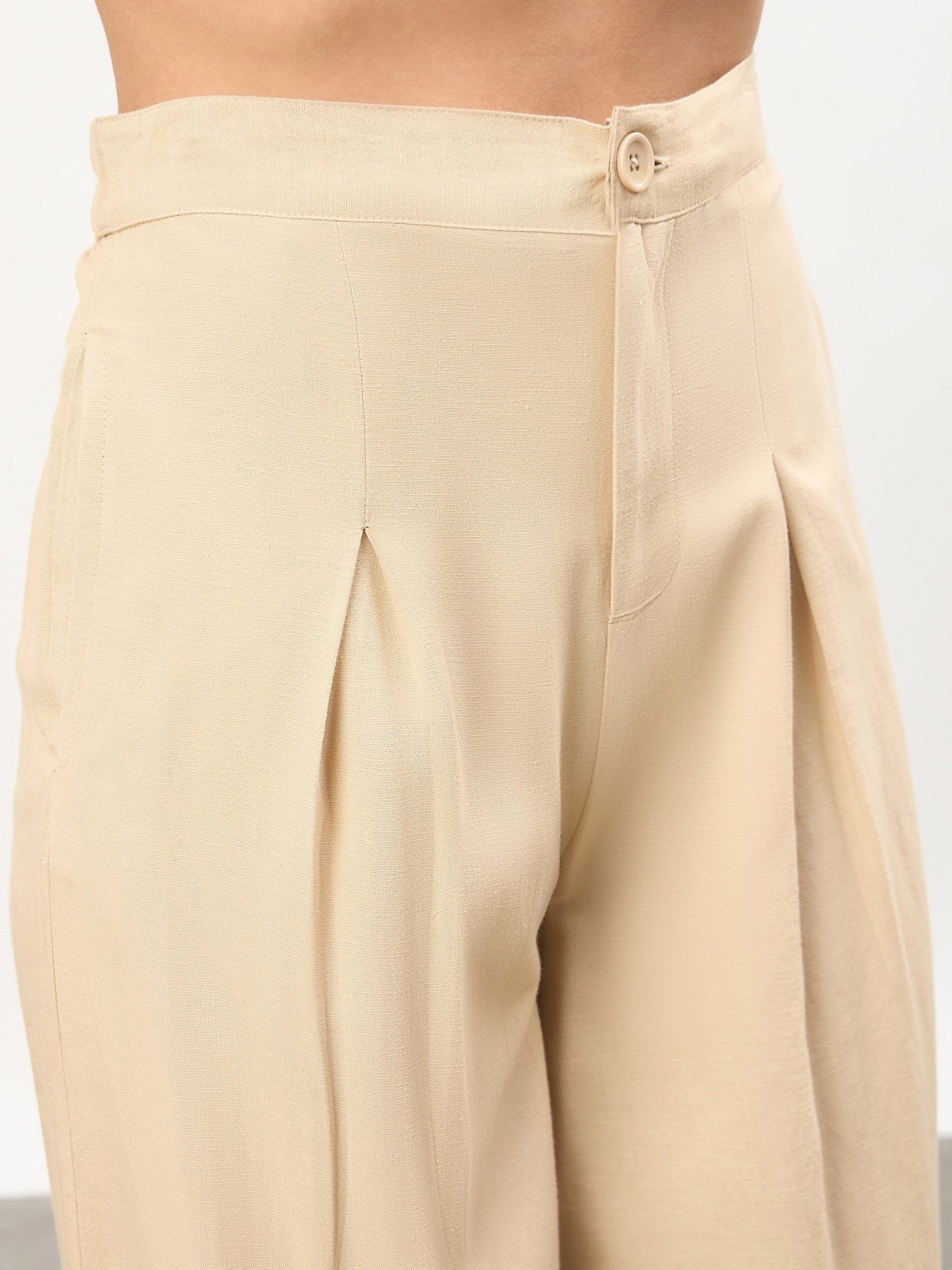 Beige Long Line Top With Straight Wide Leg Pants