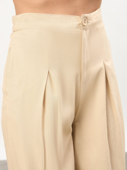 Beige Long Line Top With Straight Wide Leg Pants