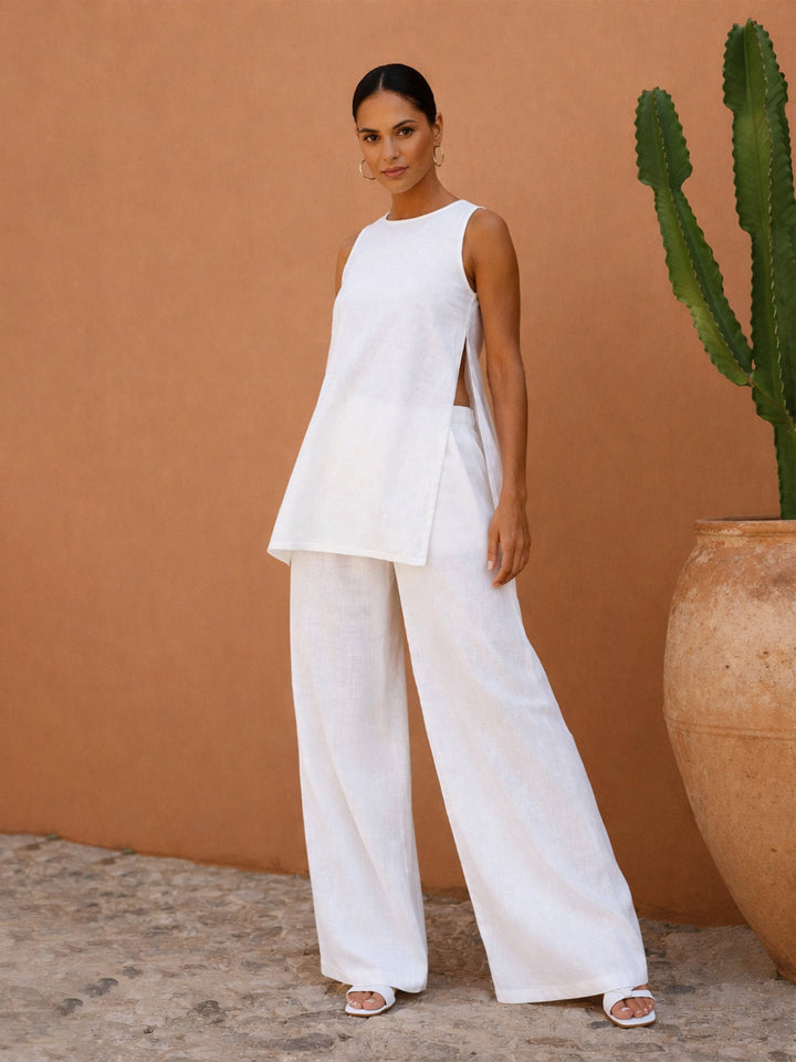 White Long Line Top With Straight Wide Leg Pants