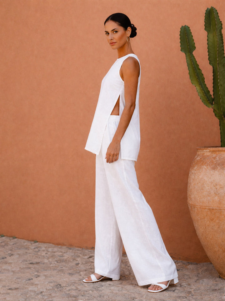 White Long Line Top With Straight Wide Leg Pants