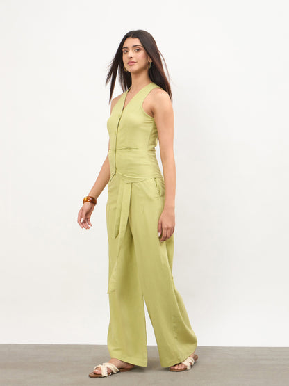 Green Vest Top With Belted Straight Pants
