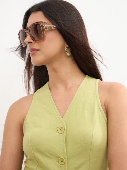 Green Vest Top With Belted Straight Pants