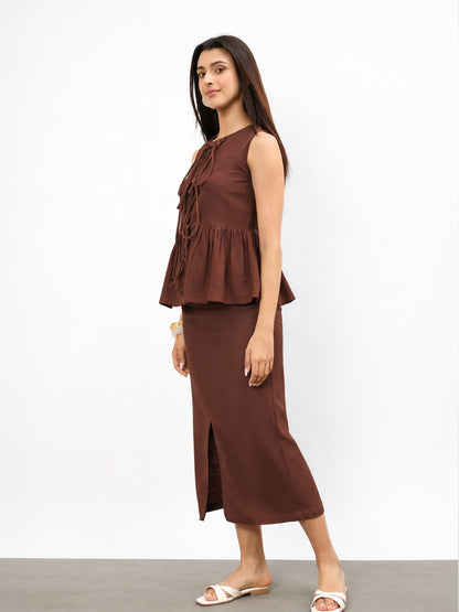 Brown Front Knot Peplum Top With Straight Skirt