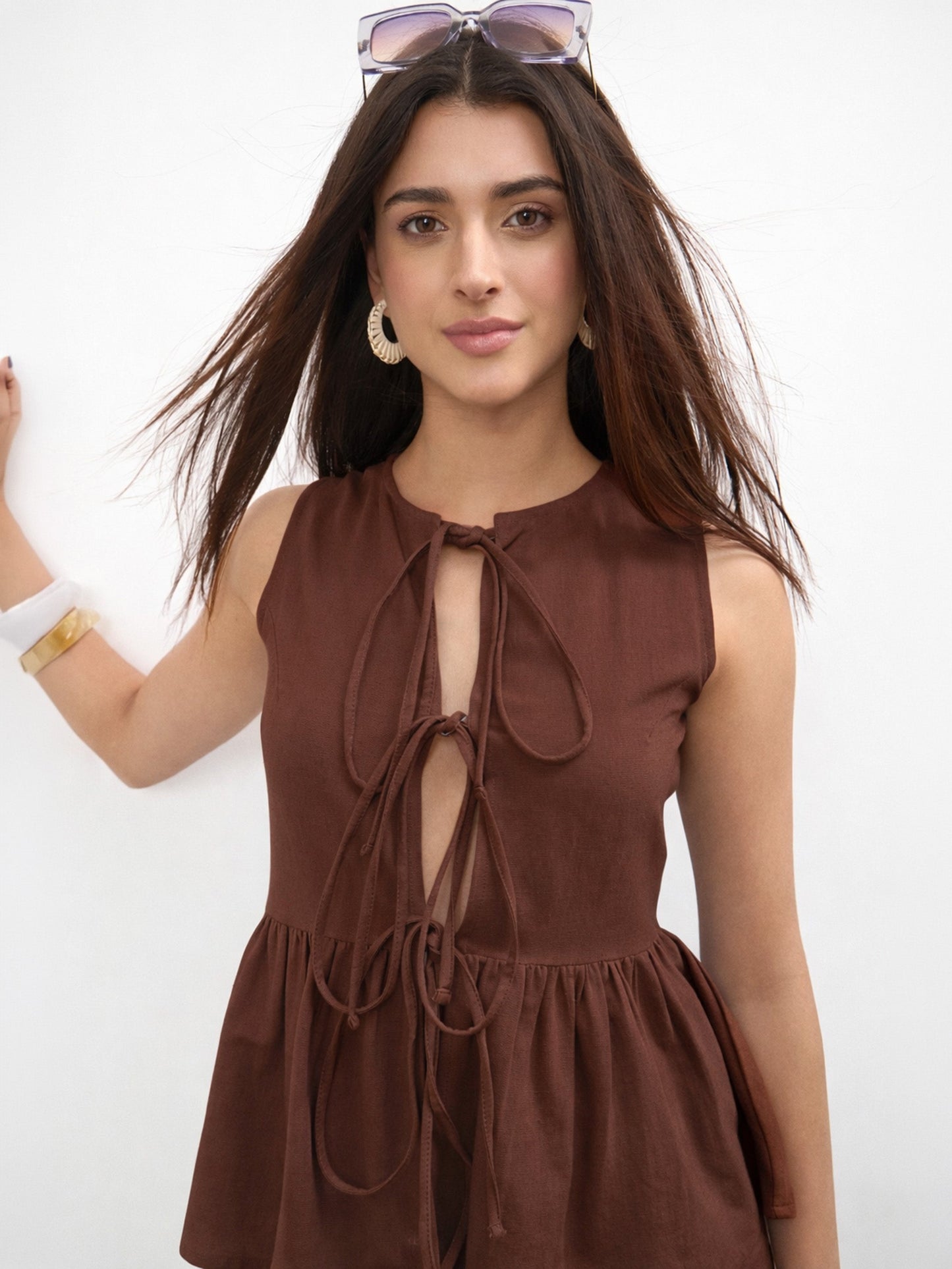 Brown Front Knot Peplum Top With Straight Skirt