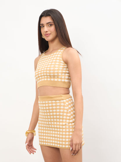 Beige & White Round Neck Crop Top With Mini Skirt