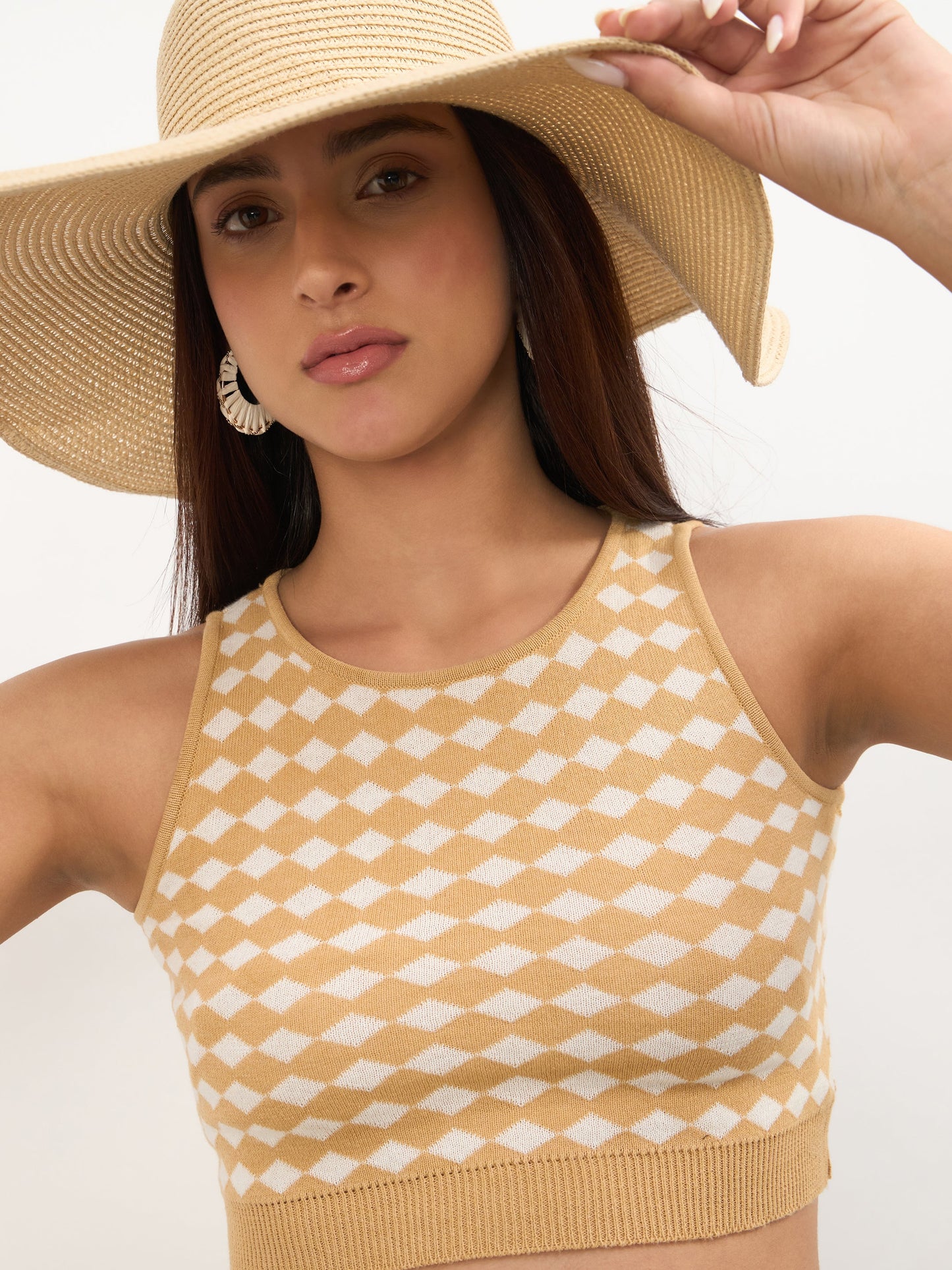 Beige & White Round Neck Crop Top With Mini Skirt