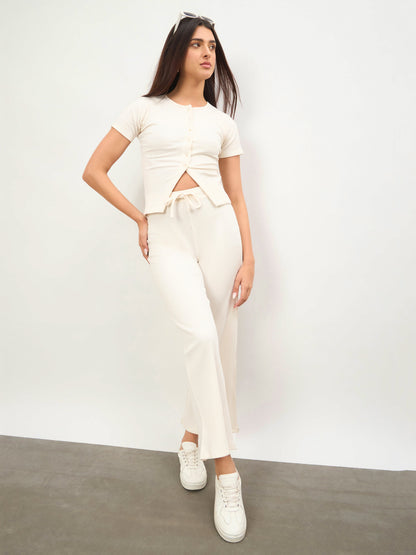 Off-White Round Neck Button Down Top With Drawstring Pants