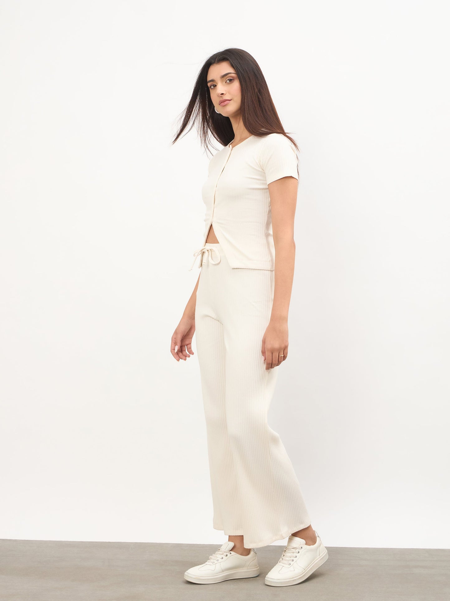 Off-White Round Neck Button Down Top With Drawstring Pants