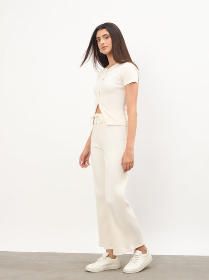 Off-White Round Neck Button Down Top With Drawstring Pants