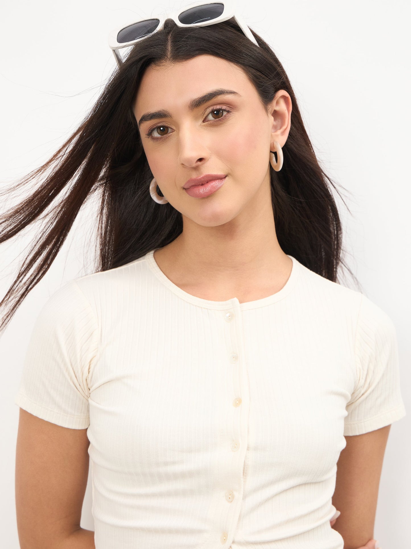 Off-White Round Neck Button Down Top With Drawstring Pants