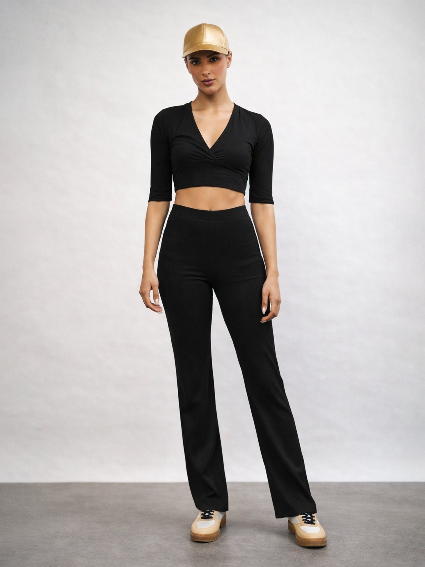 Black V-Neck Crop Top With Elasticated Pants