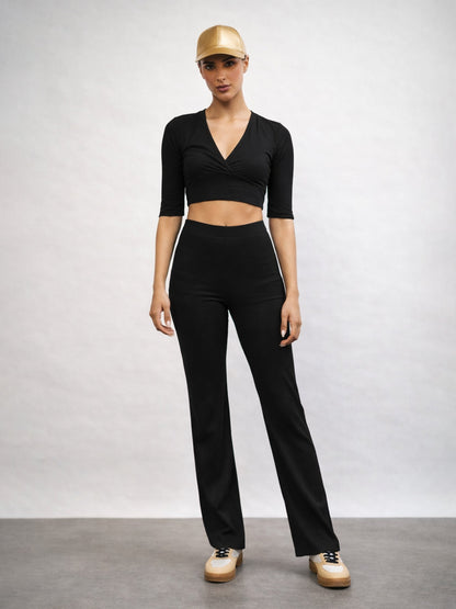 Black V-Neck Crop Top With Elasticated Pants