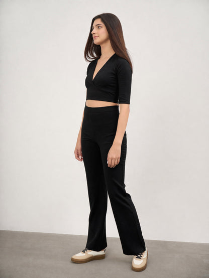 Black V-Neck Crop Top With Elasticated Pants