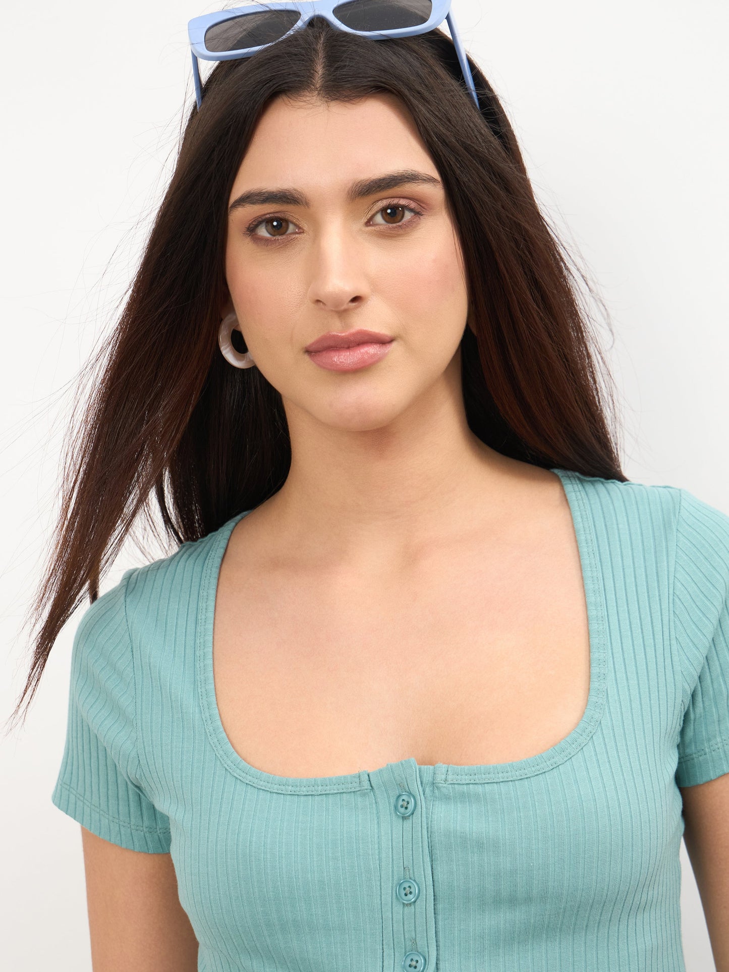 Sea Green Square-Neck Regular Top With Straight Pants