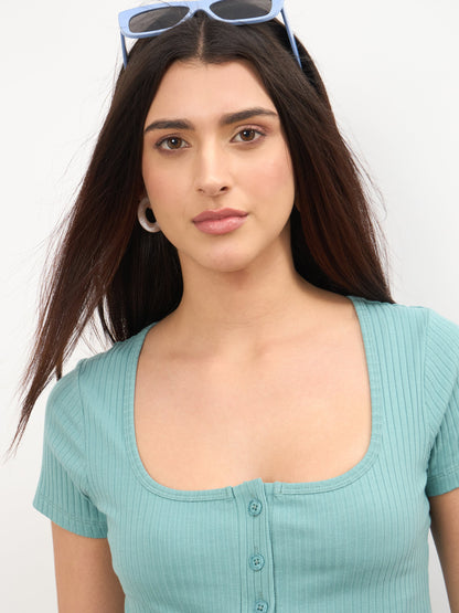 Sea Green Square-Neck Regular Top With Straight Pants