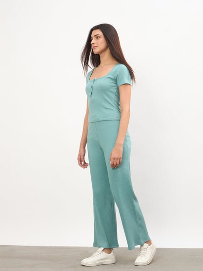 Sea Green Square-Neck Regular Top With Straight Pants