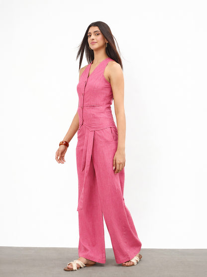 Pink Vest Top With Belted Straight Pants