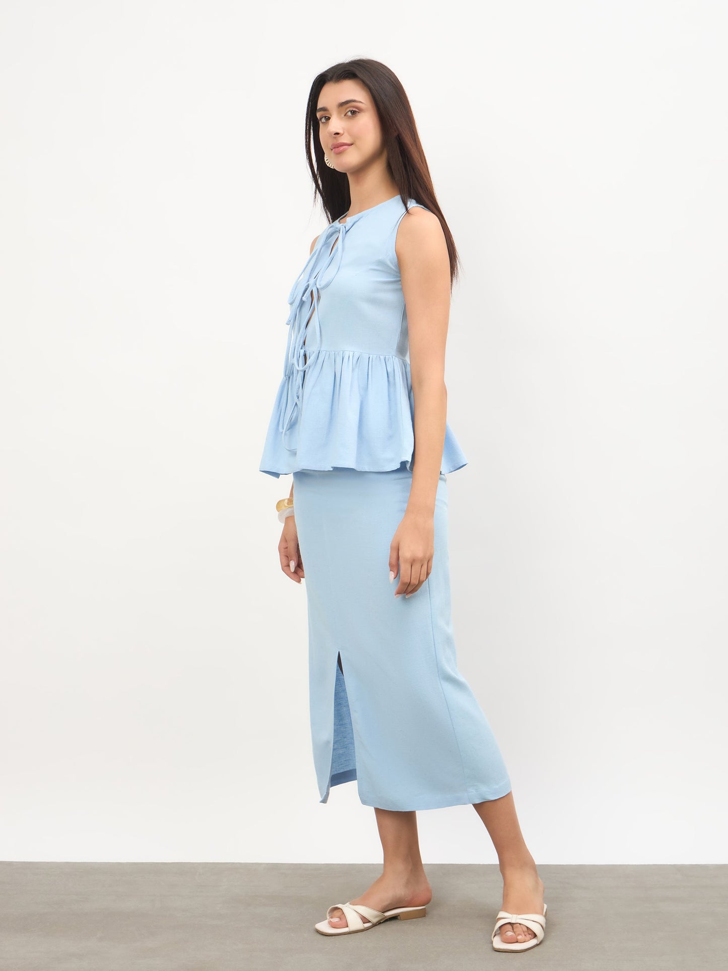Blue Front Knot Peplum Top With Straight Skirt